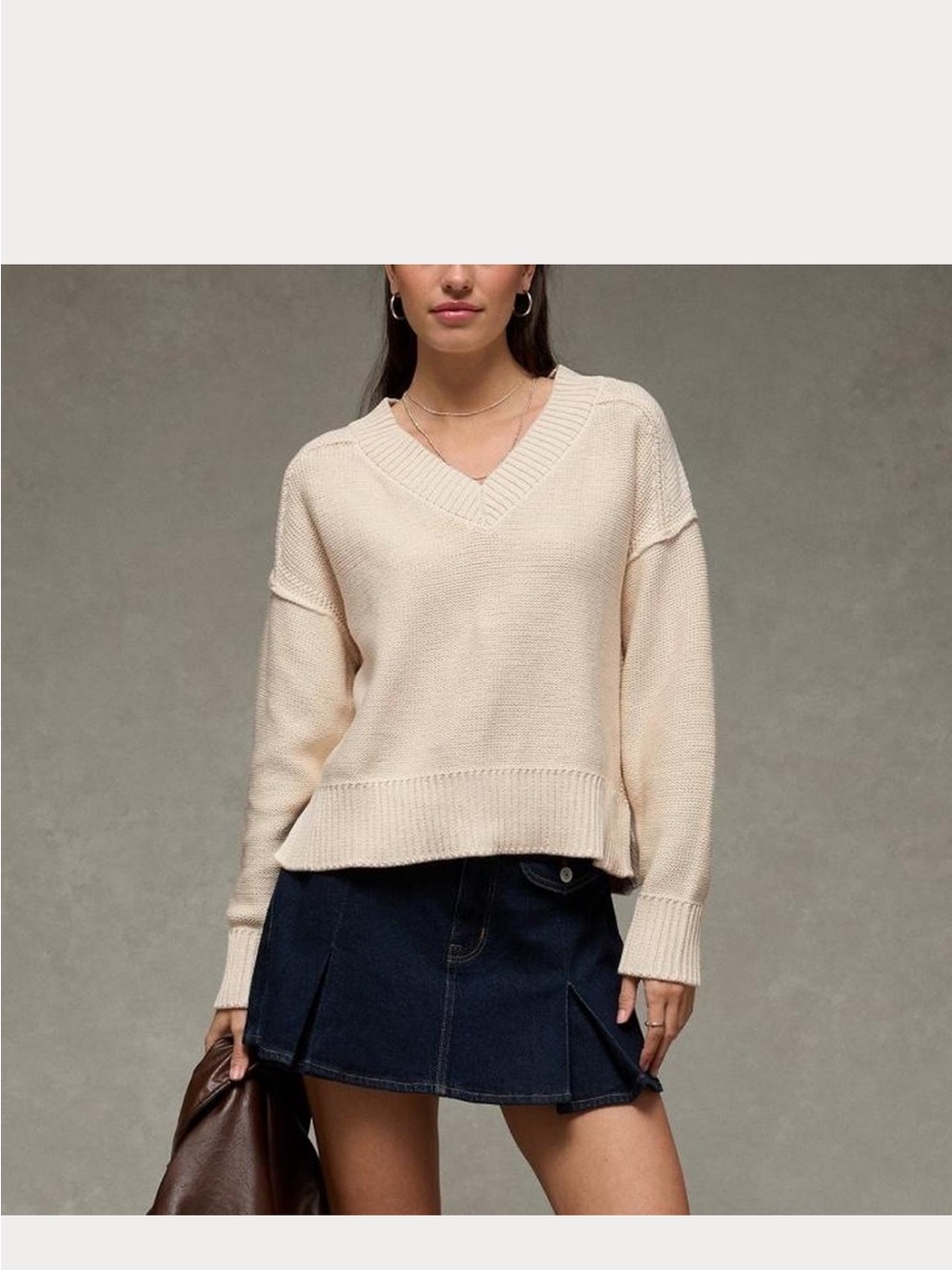 American Eagle Outfitters Cream V-Neck Knit Sweater